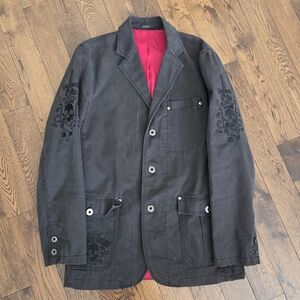 Express Mens 2008 Immortal Charcoal Coat with Embroidered Skulls & Dagger Small